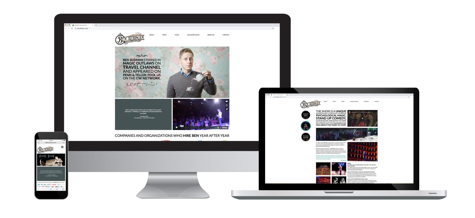 A desktop computer, laptop and smartphone displaying the Ben Seidman Magician website, designed by Canyon Creative