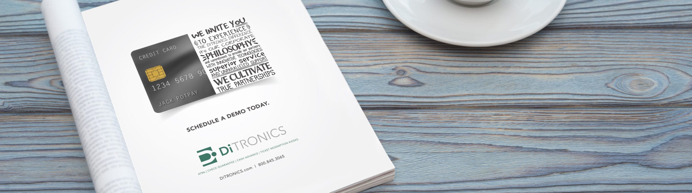 A DiTronics advertisement in a magazine and a cup of coffee