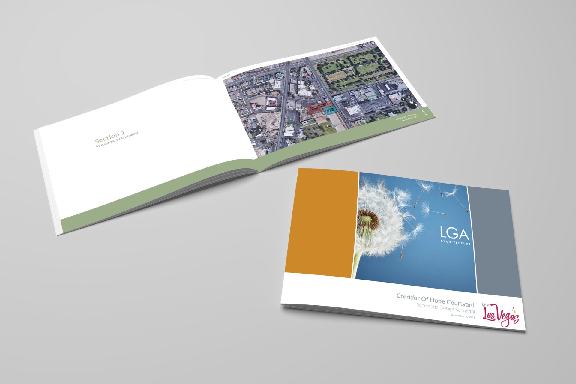 A magazine of schematic designs by LGA Architecture, graphic design by Canyon Creative.