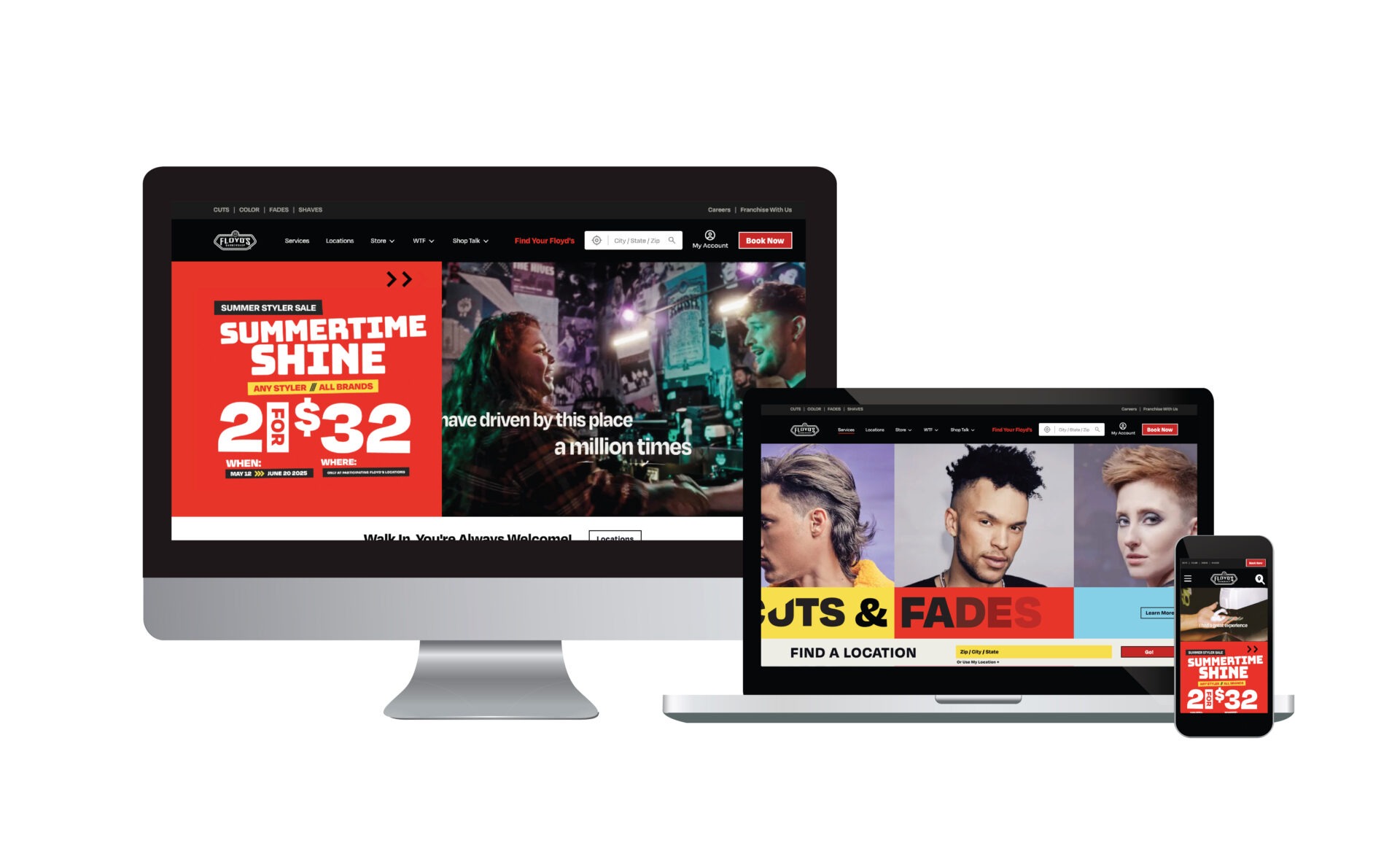 Photo of the Floyd's Barbershop website pictured on a smart phone, desktop and laptop computers