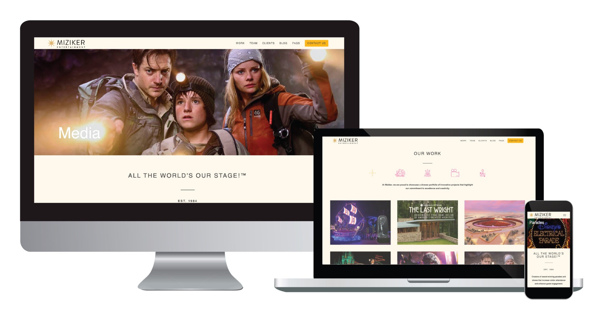 Picture of a Desktop, laptop and Smart phone showing the Miziker.com website